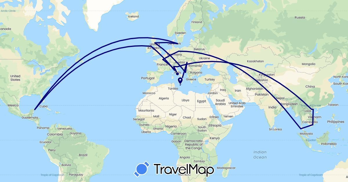 TravelMap itinerary: driving in Germany, Denmark, France, United Kingdom, Croatia, Hungary, Italy, Malta, Mexico, Thailand, Vietnam (Asia, Europe, North America)